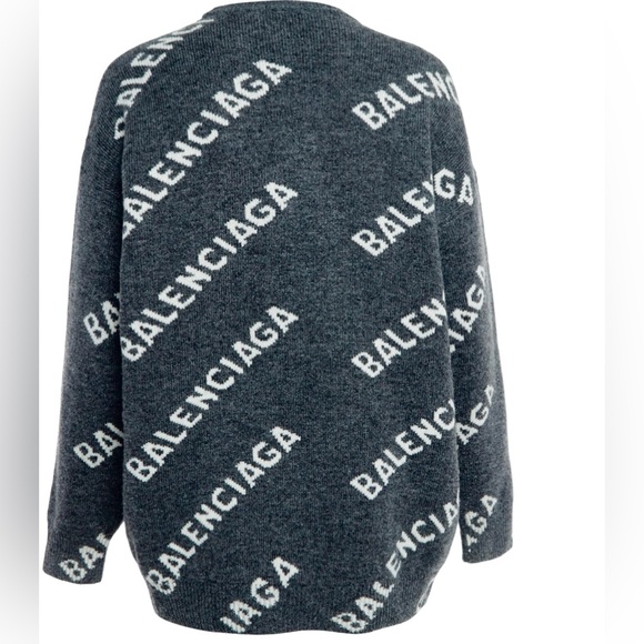 Balenciaga Grey Logo Intarsia Wool Knit Sweater - Picture 3 of 6